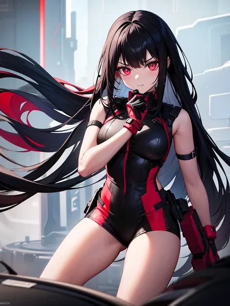 futuristic girl with long black hair with bright red highlights aged 18 and determined expression 