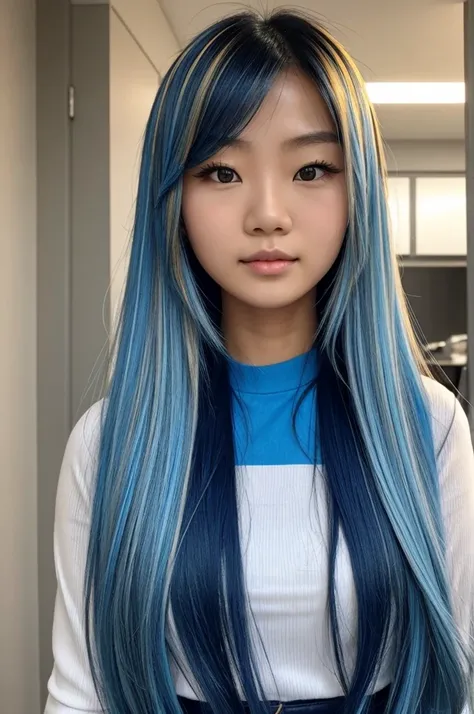 Asian girl, blonde hair, blue highlights, long hair, beautiful, front 