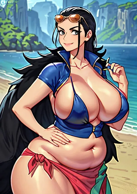 arte de kipteitei, 1 girl, Nico Robin, aquamarine eyes, black fur, old, neckline, Closed mouth, collared Jacket, cowboy shot, crop top, cropped Jacket, extra hands, glasses on top of head, slicked back hair, hand up, long neck, Jacket, massive old, wide, l...