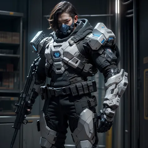 Soldier, futurist, with assault rifle, hull, tactical mask , blue lights, light armor