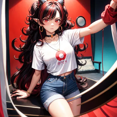 anime panel,upper body, 1girl solo,Korean, black hair,curly hair, with red highlights , red slanted eyes, casual clothes, necklace, ear piercings, room background , angry , looking at the viewer