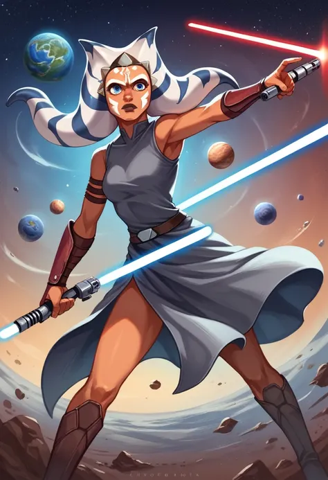 masterpiece, best quality, (1girl), ahsoka_rebels, alien,1girl, cowboy shot, space background, lightsaber, dual wielding, with pose holding lightsaber, planet, galaxy, grey dress, boots, blue eyes, detailed eyes