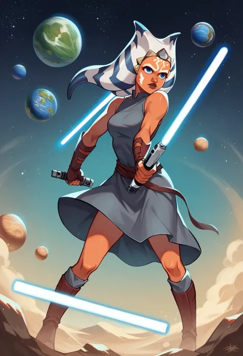 masterpiece, best quality, (1girl), ahsoka_rebels, alien,1girl, cowboy shot, space background, lightsaber, dual wielding, with pose holding lightsaber, planet, galaxy, grey dress, boots, blue eyes, detailed eyes