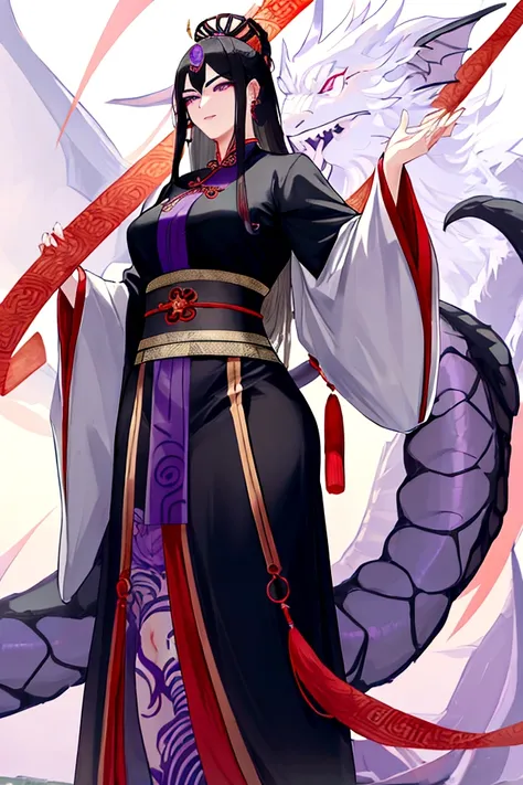 An adult tall woman, a Chinese goddess, black hair with gray streaks, purple eyes, dragon horn and tail, divine light, muscular physique, divine attire, indifferent gaze