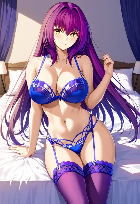 NSFW, 18+, (high quality), Blue navy lingerie, lace fine lingerie, thight stockings, light blush, looking at viewer, huge breasts, precise hands, sexy pose, scathach, long hair, purple hair, (yellow eyes:1.5), thight stockings, detailed bedroom in the back...