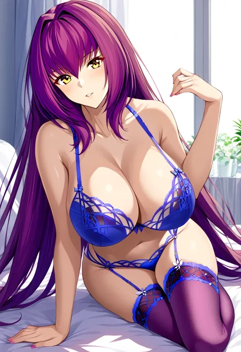 NSFW, 18+, (high quality), Blue navy lingerie, lace fine lingerie, thight stockings, light blush, looking at viewer, huge breasts, precise hands, sexy pose, scathach, long hair, purple hair, (yellow eyes:1.5), thight stockings, detailed bedroom in the back...