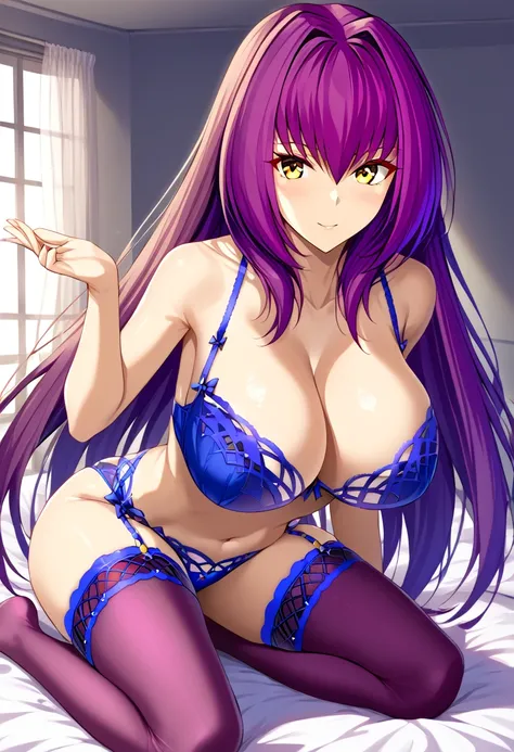 NSFW, 18+, (high quality), Blue navy lingerie, lace fine lingerie, thight stockings, light blush, looking at viewer, huge breasts, precise hands, sexy pose, scathach, long hair, purple hair, (yellow eyes:1.5), thight stockings, detailed bedroom in the back...