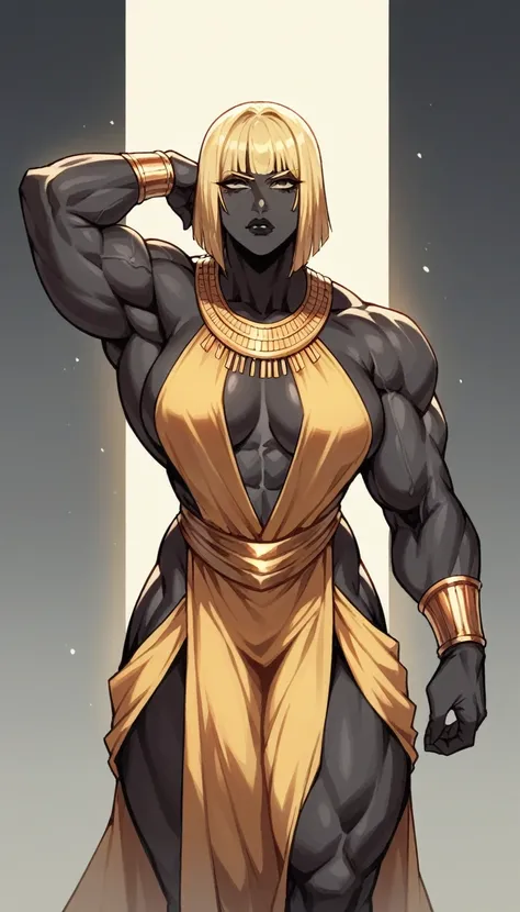 black buff strong woman character, muscle arms, muscle body, buff body, tall woman, black skin, full black skin, strong arms, long fringe hair, blonde hair, blonde fringe hair, fringe hair, scales in body, black lips, egypt hair, milf, black and golden dre...