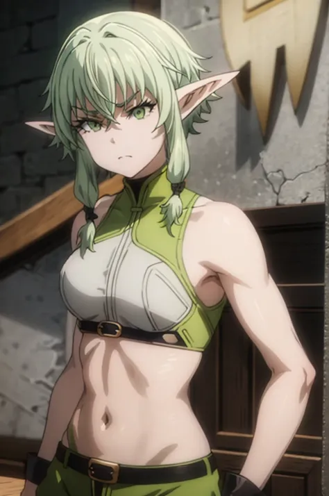 pointy ears, green hair, green eyes, short hair, short hair with long locks,smug half-closed eyes,masterpiece, bestsuper strong elf boy and strong body col

 , green sports bra, simple background, , midriff, long hair, breasts, green pants, sportswear, tan...