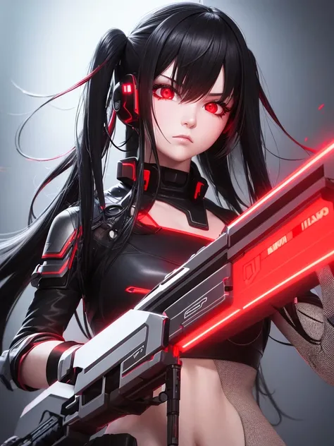 futuristic girl with long black hair with bright red neon lights and a dark background and a deadly red firearm with determined expression 