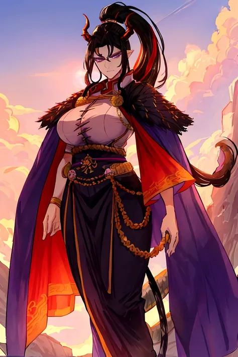 An adult tall woman, a war goddess, black hair with gray streaks, high ponytail, purple eyes, dragon horns and tail, divine light, muscular physique, divine attire, indifferent gaze