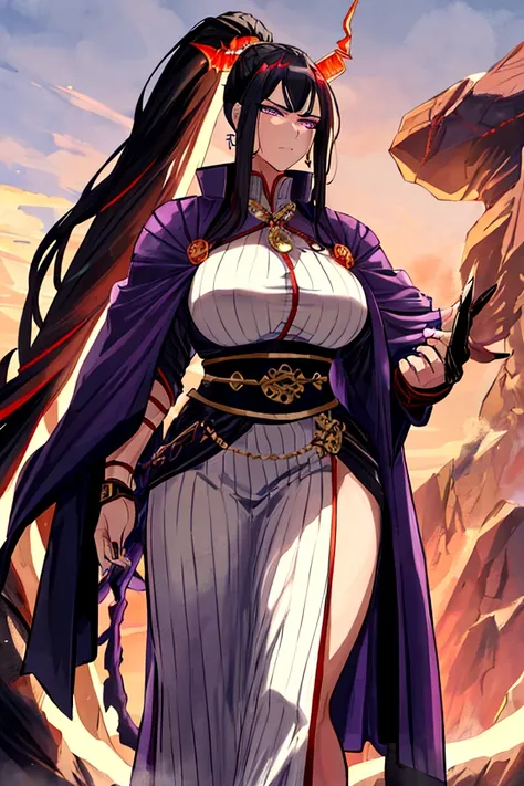 An adult tall woman, a war goddess, black hair with gray streaks, high ponytail, purple eyes, dragon horns and tail, divine light, muscular physique, divine attire, indifferent gaze