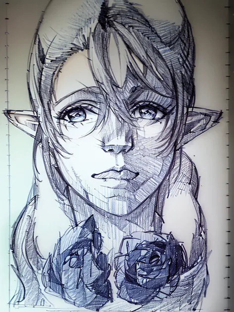 (blue pencil sketch:1.4), blue color, drawning, busty elf