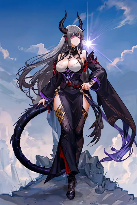 An adult tall woman, a war goddess, black hair with gray streaks, high ponytail, purple eyes, dragon horns and tail, divine light, muscular physique, divine attire, indifferent gaze