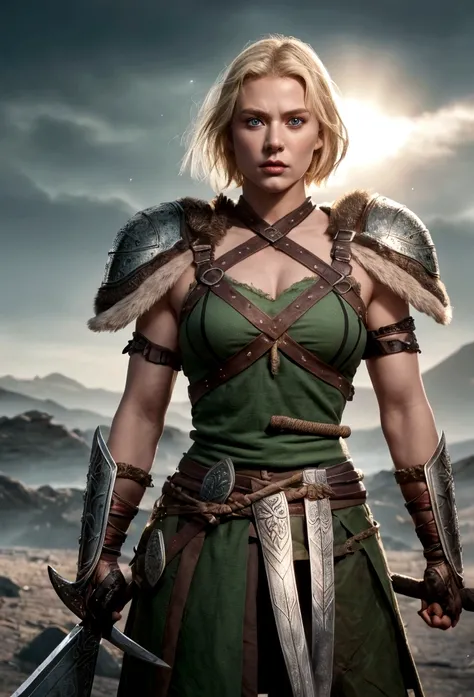 A fierce 26 year old Viking warrior, greeneyes, Short blonde hair, barba loira longa. Strong muscles, dressed in Viking armor and wielding a formidable weapon, Showing your warrior spirit. Make sure your backdrop reflects the rugged beauty of a Viking land...