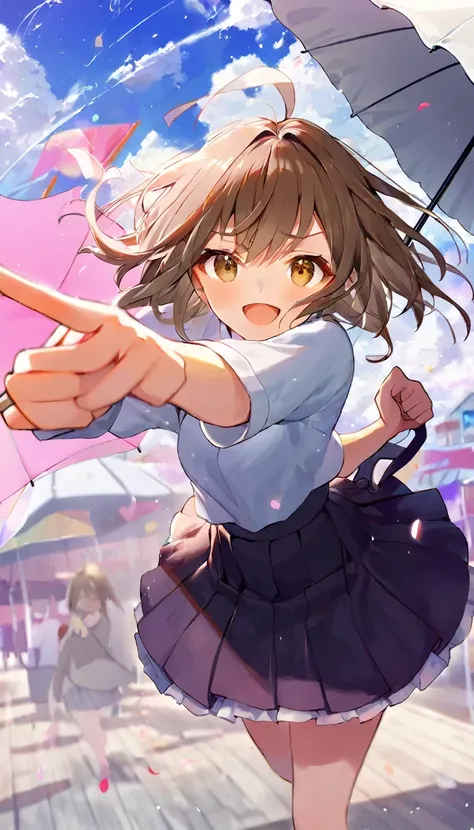 quality(8K,非常に精細なCGユニットのwallpaper, masterpiece,High resolution,top-quality,top-quality real texture skin,Surreal,Increase the resolution,RAW Photos,最高quality,Very detailed,wallpaper),BREAK、A girl is pointing at an umbrella、pretty girl、Pointing to a large u...