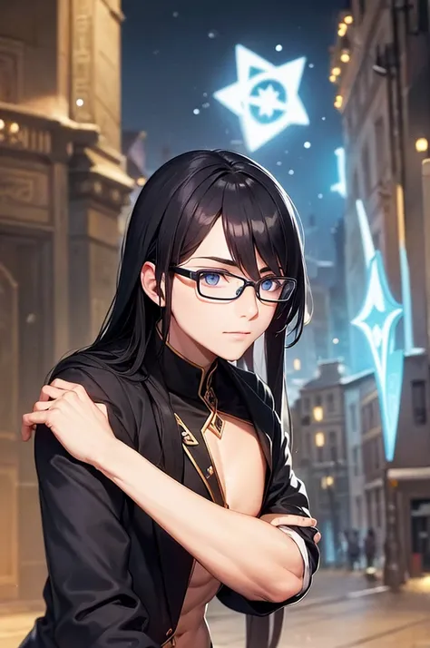 Man with glasses, magician with long black hair, dark blue eyes, wears blue with black magician clothes, young magician, intellectual, cold personality, medieval city background.