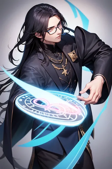 Man with glasses, magician with long black hair, dark blue eyes, wears blue with black magician clothes, young magician, intellectual, cold personality, medieval city background.