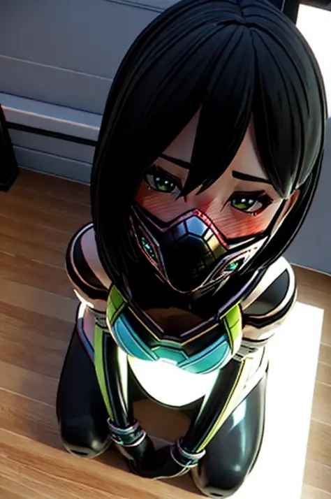 (arhoangel), blender, pixel-viper-mask,
blush, stylized 3d render, masterpiece,  (1girl), (solo), 3d, perfect face, detailed anatomy, cute pose, shy, perfect lighting, bubble butt, absurdres, kneeling, view from above, black hair, indoors, looking at viewe...