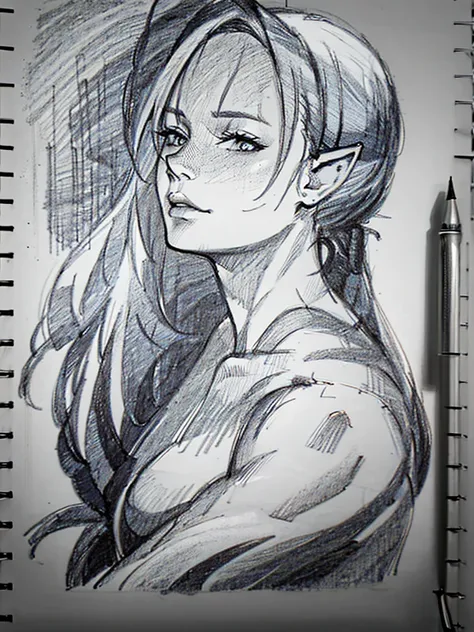 (blue pencil sketch:1.4), blue color, drawning, busty elf