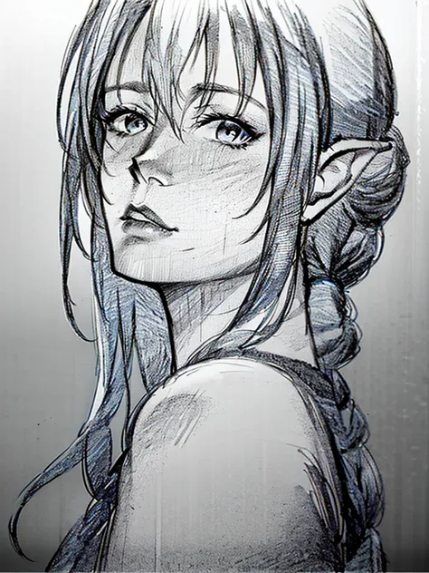 (blue pencil sketch:1.4), blue color, drawning, busty elf