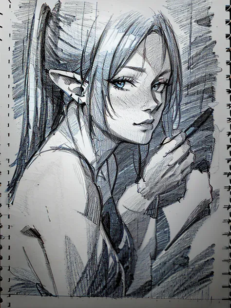 (blue pencil sketch:1.4), blue color, drawning, busty elf