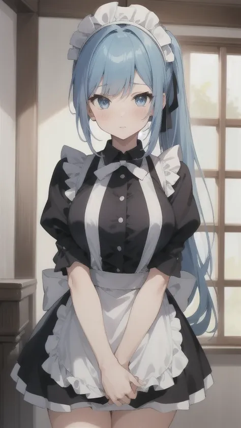 sylpha, long_hair, 1girl, blue_eyes, blue_hair, solo, blush, large_breasts, ponytail   , maid_headdress, maid, apron, upper body...