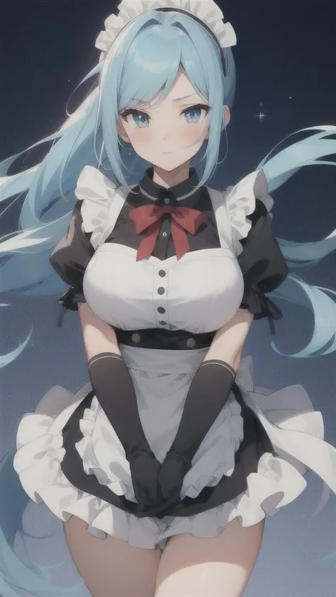 sylpha, long_hair, 1girl, blue_eyes, blue_hair, solo, blush, large_breasts, ponytail   , maid_headdress, maid, apron, upper body...