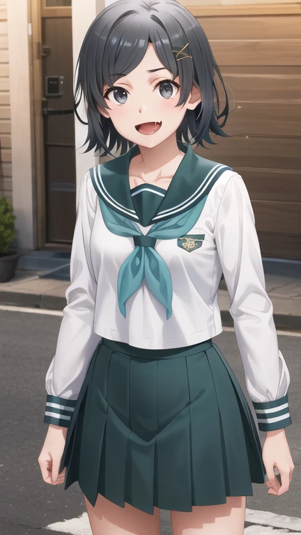 masterpiece, best quality, highres, aakomachi, short hair, ahoge, black eyes, hairclip, x hair ornament, serafuku, collarbone, sailor collar, aqua neckerchief, white shirt, long sleeves, aqua skirt, standing, cowboy shot, outdoors, smile, fang,