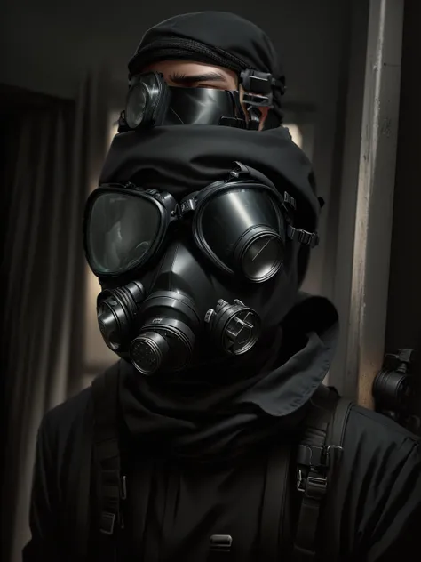 there is a man wearing a gas mask and goggles, full mask, gas mask, wearing a gas mask, some of them use gas masks, wearing gas mask helmets, wearing an all-black mempo mask, wearing a full-head gas mask, gas mask, wearing gas masks, gas masks, futuristic ...