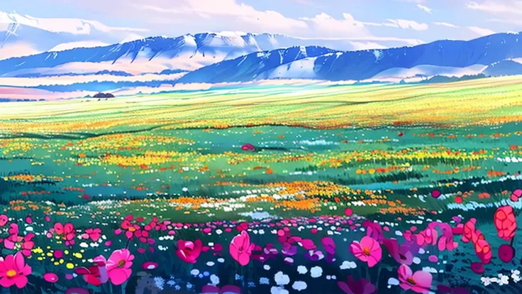 Beautiful field of flowers, anime styling, angle height, angulo olandes