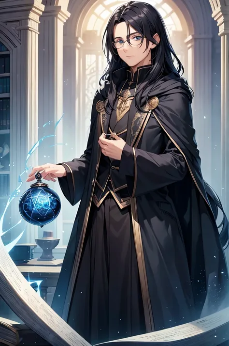 A man with glasses, black long-haired wizard, dark blue eyes, black with blue wizard clothes, young magician, intellectual, cold personality, magic library background