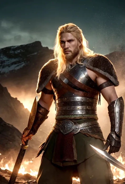 A fierce 26 year old Viking warrior man, greeneyes, Short blonde hair, barba loira longa. Strong muscles, dressed in Viking armor and wielding a formidable weapon, Showing your warrior spirit. Make sure your backdrop reflects the rugged beauty of a Viking ...