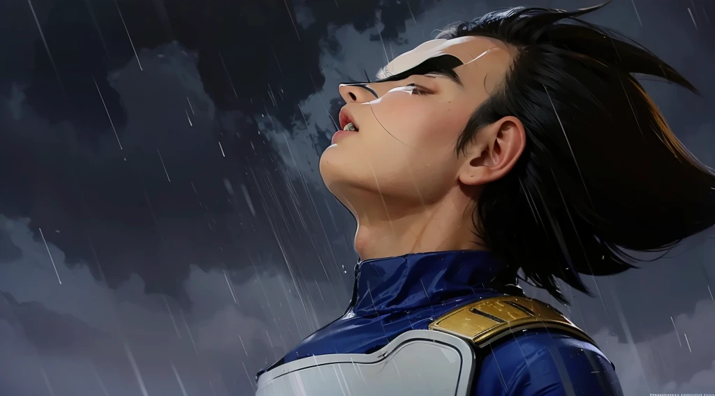 Man looking up angrily as rain falls on his face, spiky black hair, tight blue shirt, futuristic white armor with gold details.