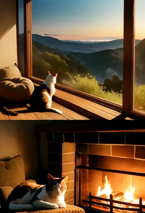 live-action,Real,8K,Highest quality,Fireplace at the end of the night, Sleeping cat, steaming tea, Beautiful landscape window