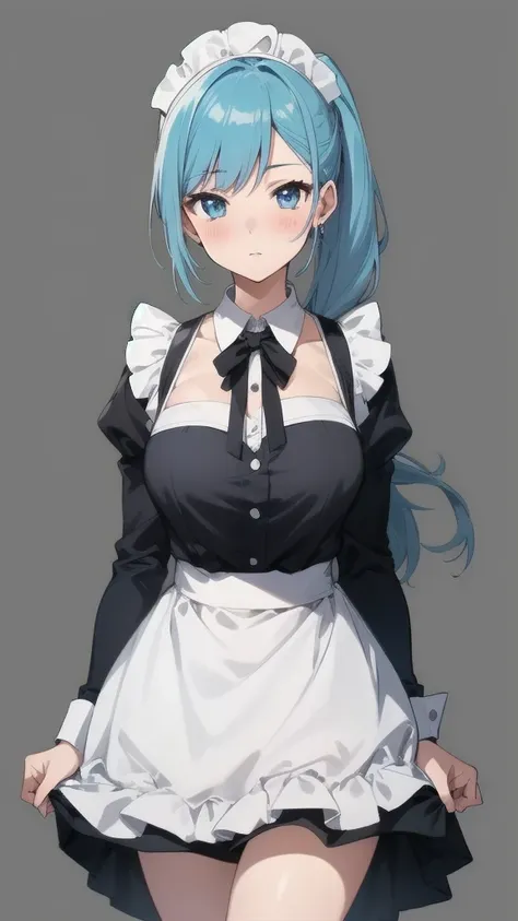 2d,sylpha, long_hair, 1girl, blue_eyes, blue_hair, solo, blush, large_breasts, ponytail   , maid_headdress, maid, apron, upper b...