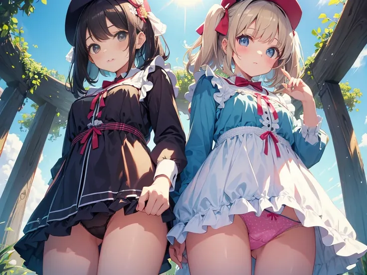 Panties looking up from directly below、Cute sisters standing