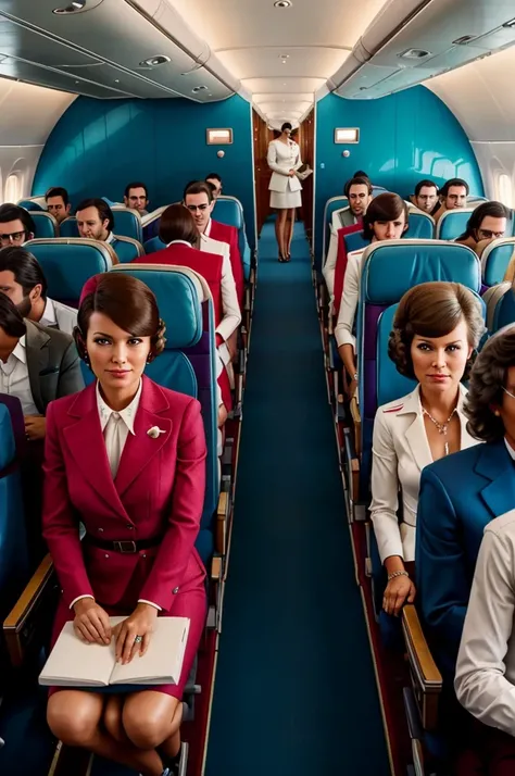 First class on an airplane in the 70s, Aesthetic, People, Flight attendant, Vintage, Nostalgic, 4K, Ultra HD, High definition, Group of people