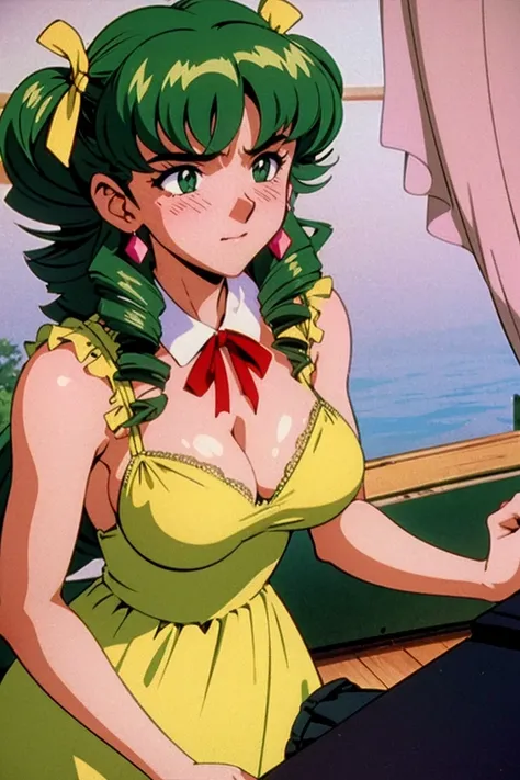 {{{1990s style, gouache style, retro artstyle, sexy no jutsu,pc98,pixelart,game cg}}},red ribbon,blunt bangs,green eyes,ringlets, twin drills,gold hair.lace, large breasts,princess,undress,sweat,steam,smug, nose blush,princess dress,armpits