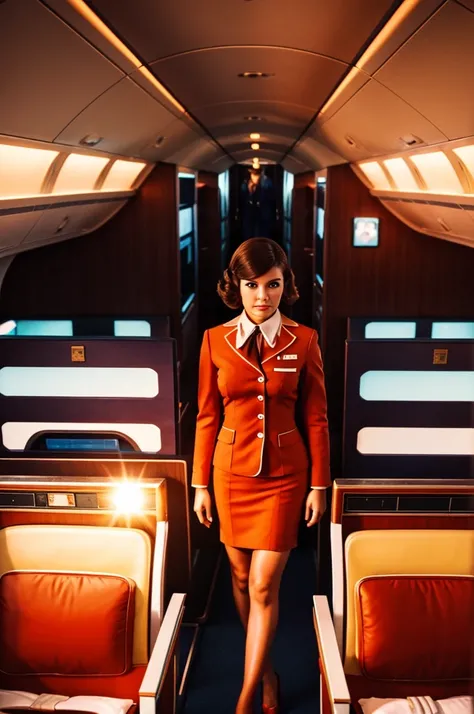 First class on an airplane in the 70s, Aesthetic, People, Flight attendant, Vintage, Nostalgic, 4K, Ultra HD, High definition, orange color grading, cinematic, sunset light