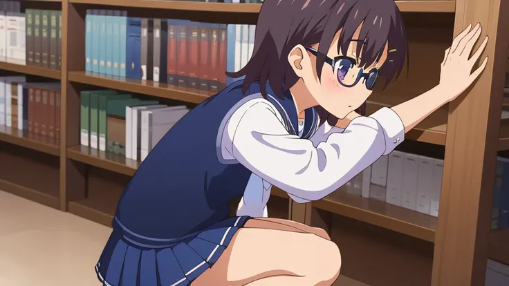 Elementary school girl　8-year-old　Flat Chest　Black Hair　Long Hair　Purple eyes　1 person　Glasses　Short-sleeved sailor suit　Navy blue mini skirt　White panties　White socks　sneakers　School Library　Crouching　Dynamic Angle　Low Angle