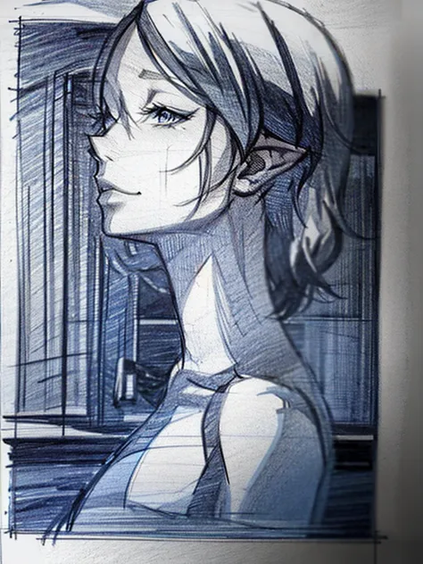 (blue pencil sketch:1.4), blue color, drawning, busty elf