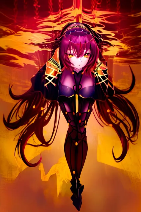 (high quality),light blush, looking at viewer, huge breasts, precise hands, sexy pose, scathach, long hair, red hair, (yellow ey...