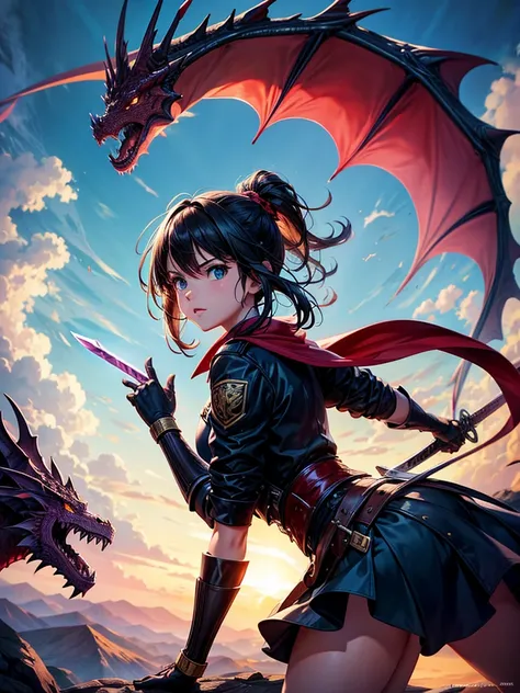 Highest quality,Highest Resolution,１People Girls,Fighting a big dragon,Holding a sword,