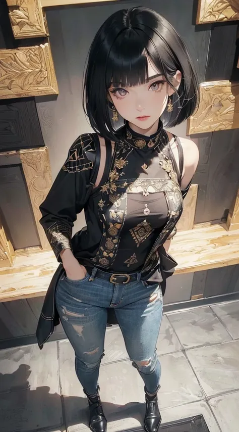 (((8k wallpaper extremely detailed CG unit:1.2, masterpiece, High resolution:1.2, top quality:1.2, On the table))), ((A very beautiful woman, Put your hands in your pockets:1.8, Grunge fashion:1.2, wearing a tunic:1.2, wear tight jeans, Wear shoes, Sun Gla...