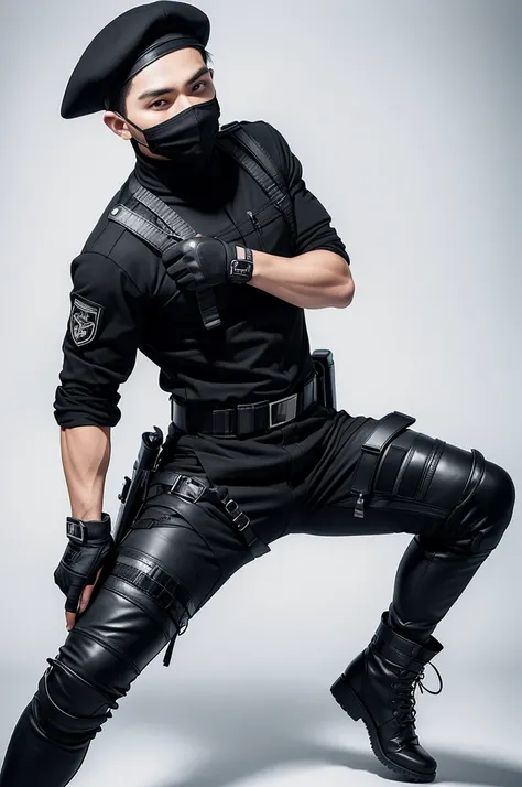 1 man, black uniform, Black cap, Black balaclava, fingerless gloves, black combat boots, tactical belt with leg holster, dinamic pose, white background 