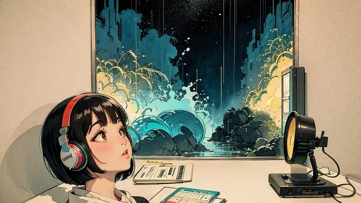 A very detailed beautiful woman, Perfect face,Black Hair, bob cut,Bangs, Gray eyes, Super detailed, Retro Wave , Wearing headphones, Studying in the room, Neon scenery on rainy day,Simulate color themes, Lo-fi hip-hop , Retrospective, flat, 2.5 days ,draw ...