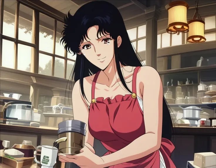 one girl,  fh1to, apron, brewing coffee, smile, look down, at the cafe,  break score_9, score_8_superior, score_7_superior, scor...