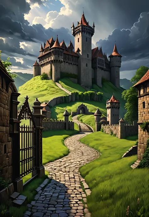 1 medieval fantasy scene, detailed medieval castle, gothic architecture, dramatic lighting, moody atmosphere, overcast sky, rolling hills, lush green meadows, stone bridges, cobblestone streets, ornate iron gates, wooden watchtowers, (best quality,4k,8k,hi...