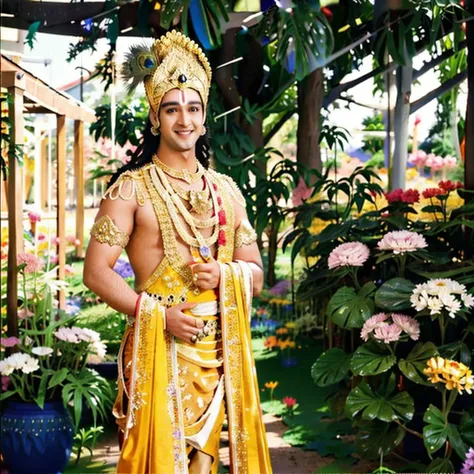 1boy, srj as krishna, golden crown with peacock feather, flower garland, handsome face, standing tall and handsome, charismatic ...